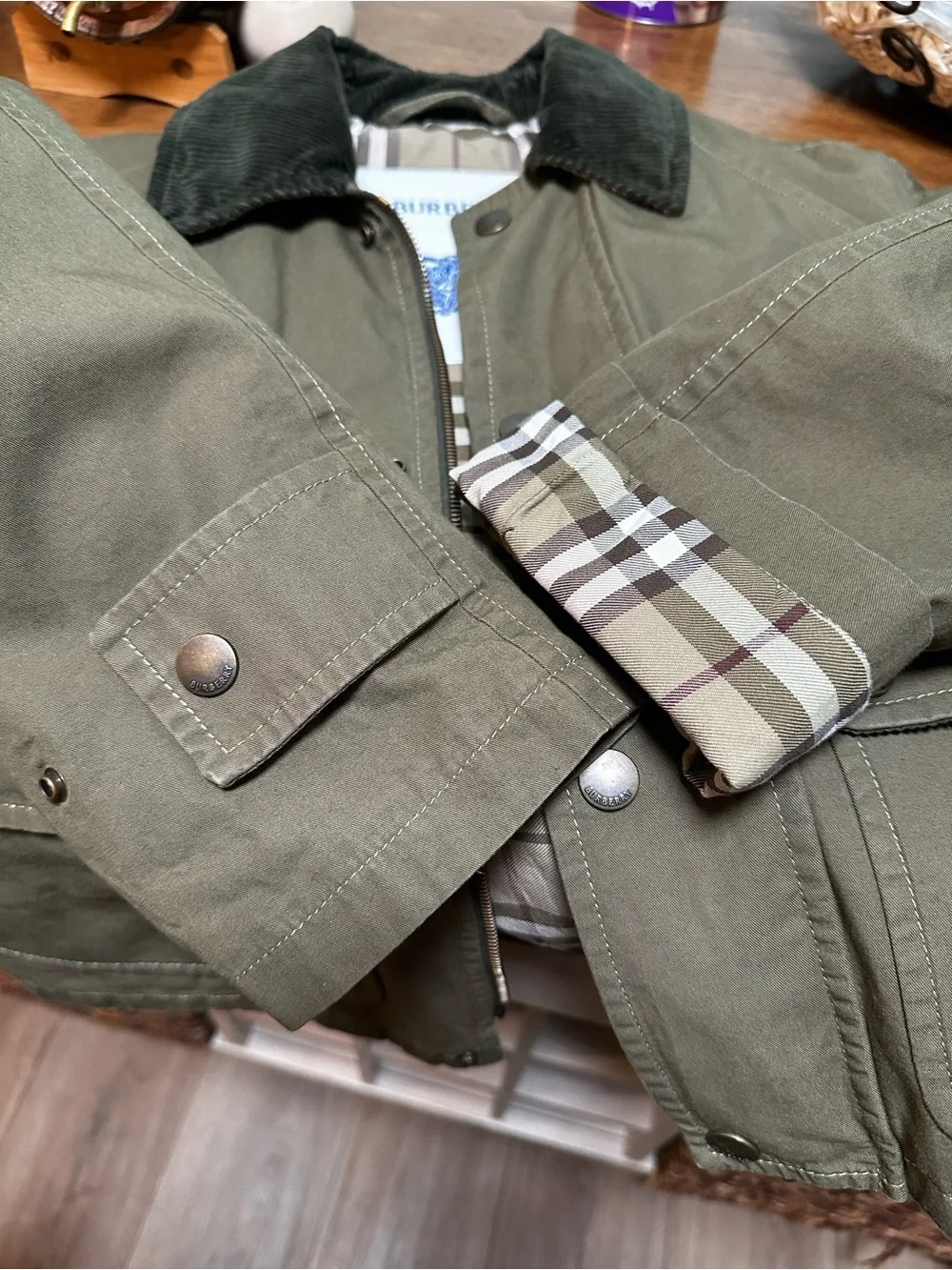 Burberry Olive Green Utility Jacket with Dark Corduroy Collar